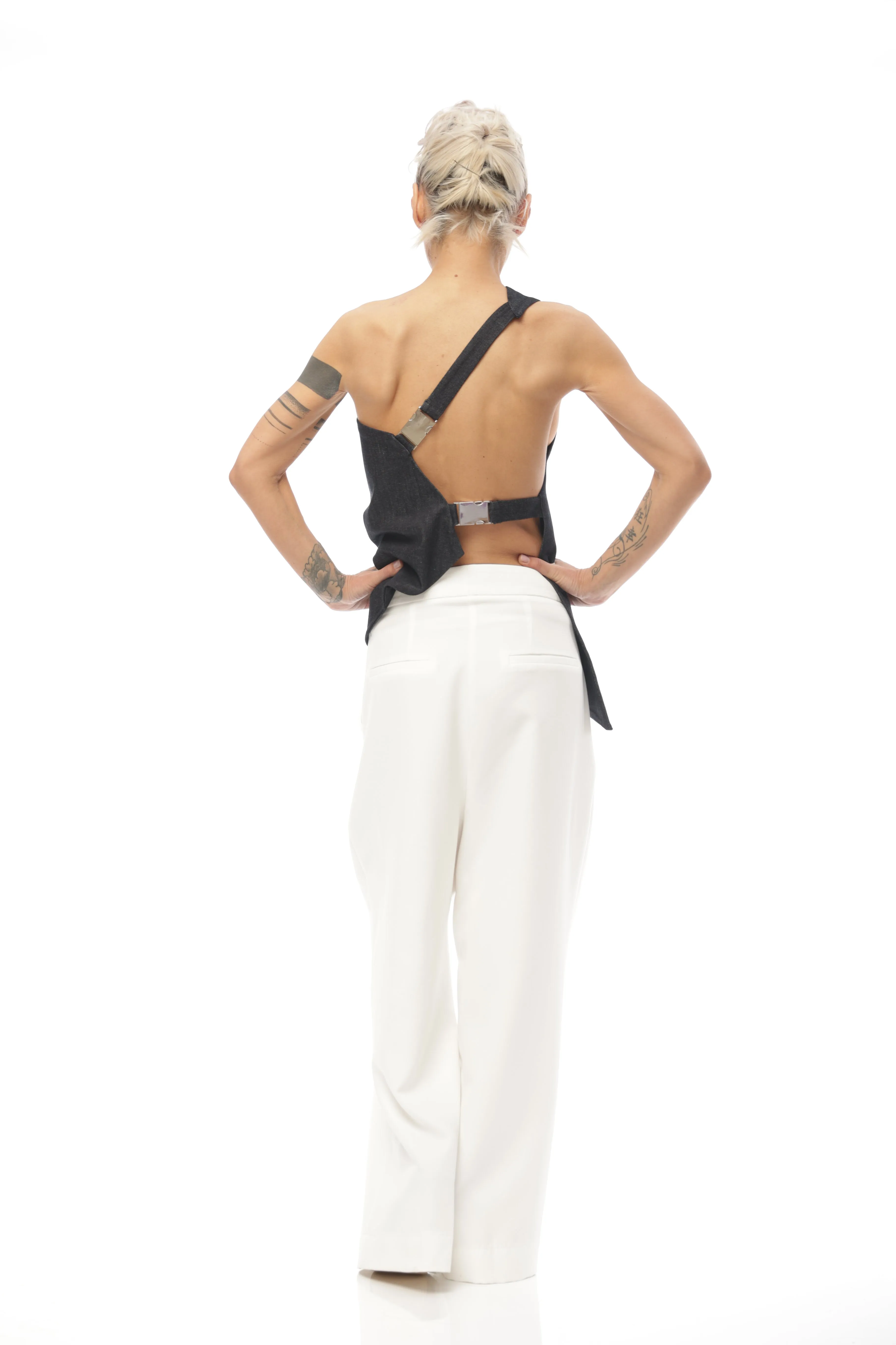 Techwear Inspired Open-Back Denim Top with Buckle Details