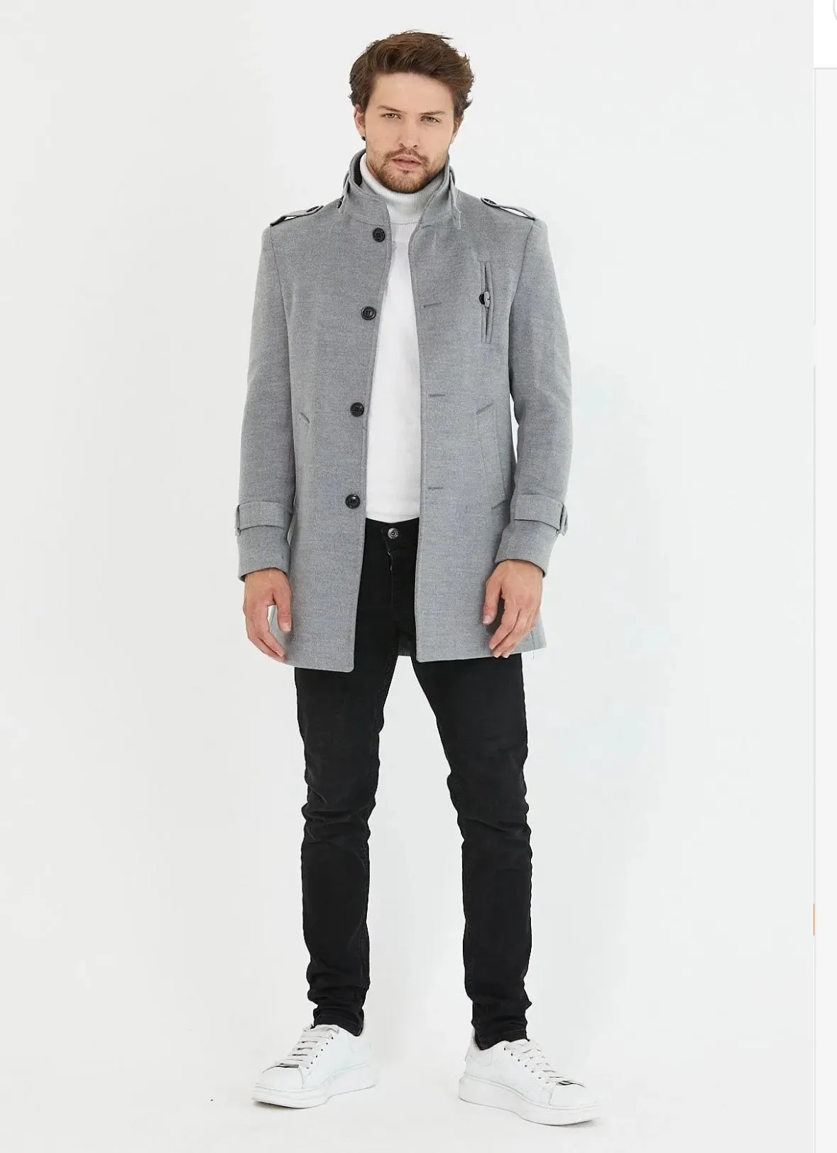 [Tommy] Grey Single-Breasted Pea Coat 100% Wool