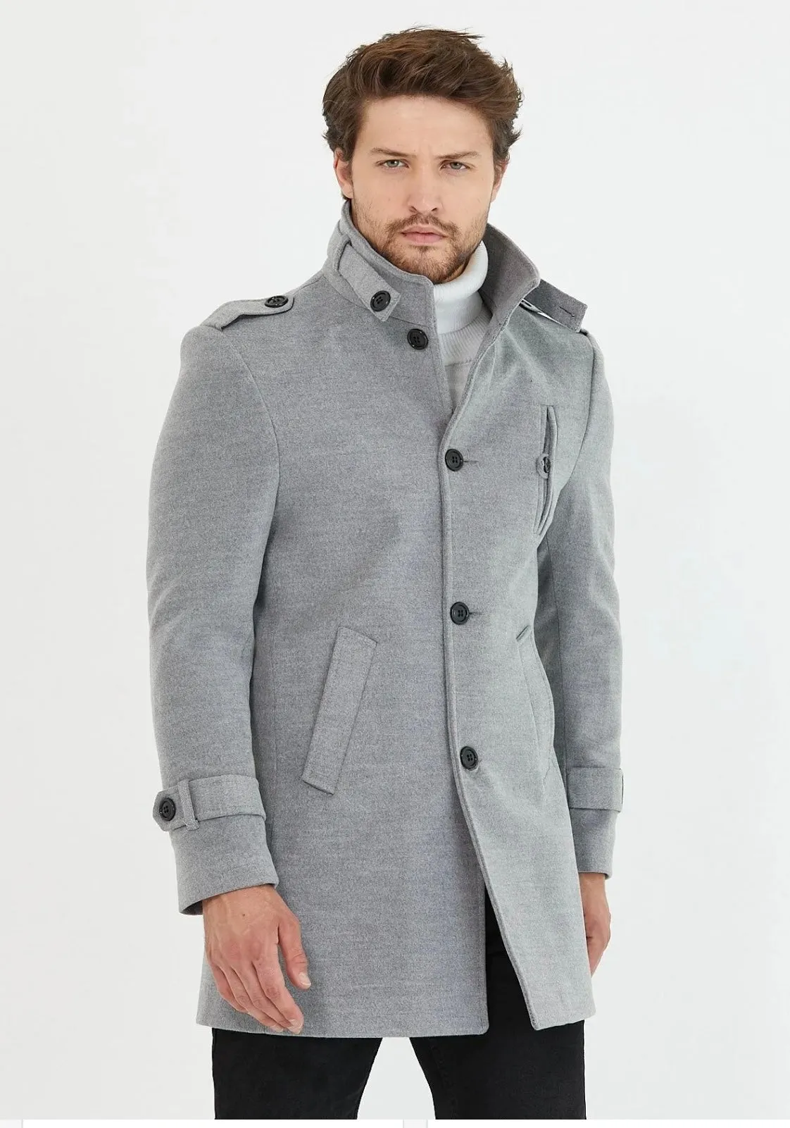 [Tommy] Grey Single-Breasted Pea Coat 100% Wool