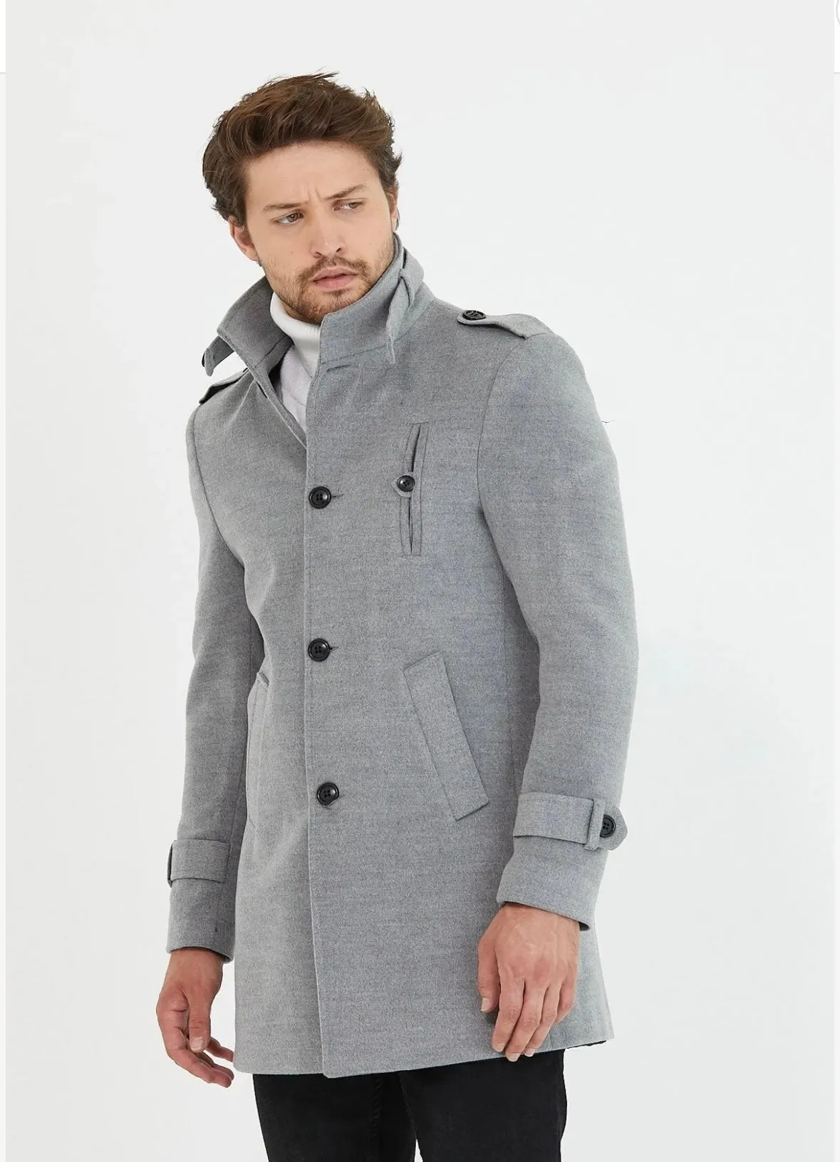 [Tommy] Grey Single-Breasted Pea Coat 100% Wool