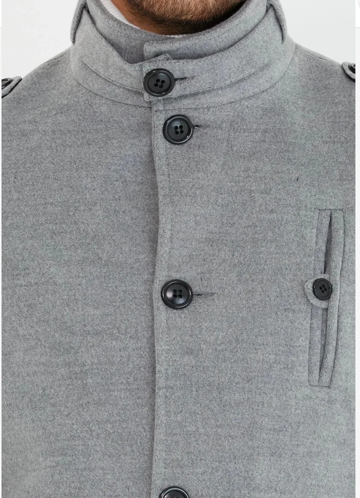 [Tommy] Grey Single-Breasted Pea Coat 100% Wool