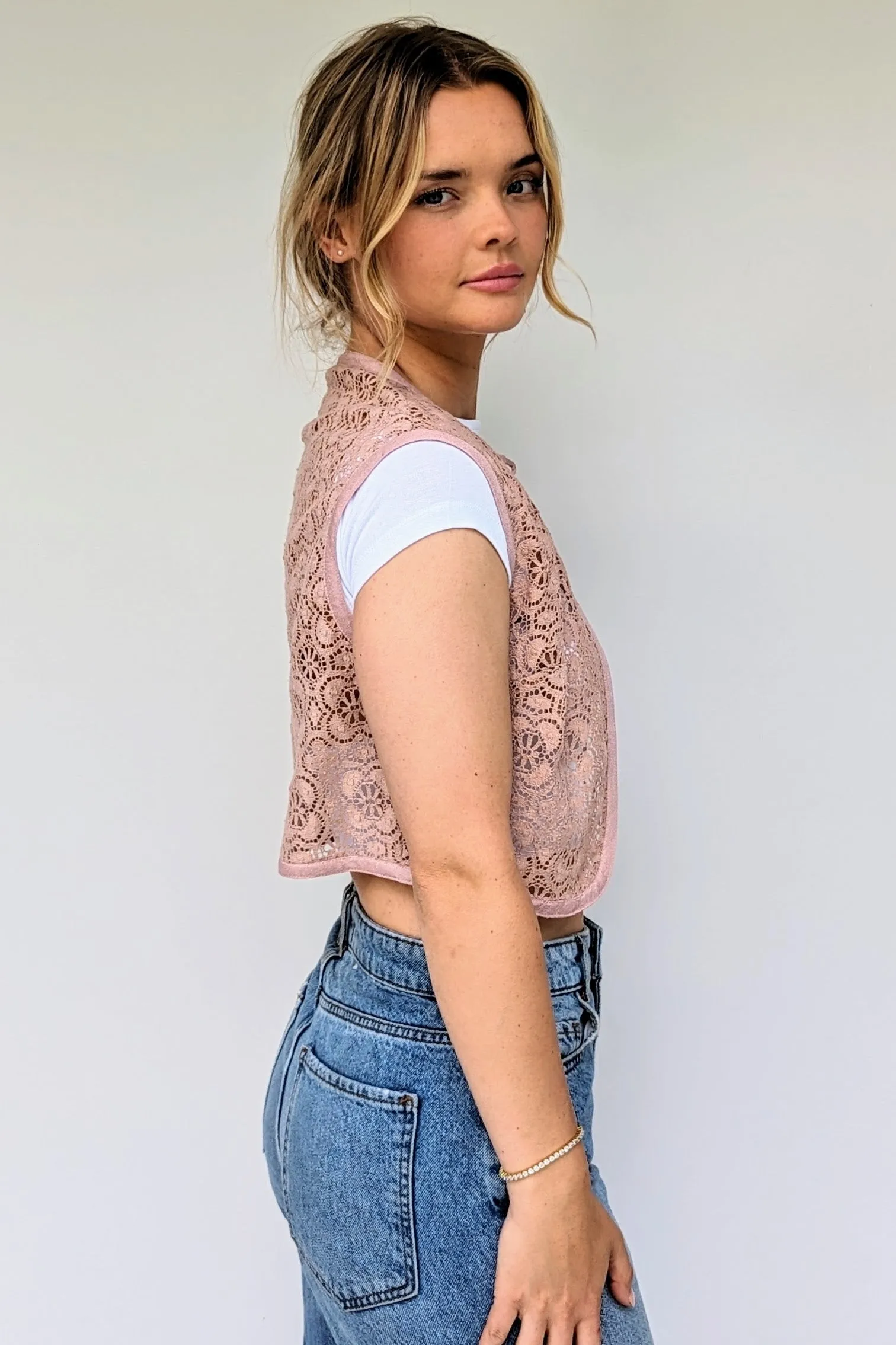 Vintage Dusky Pink Cropped Boho Lace Waistcoat