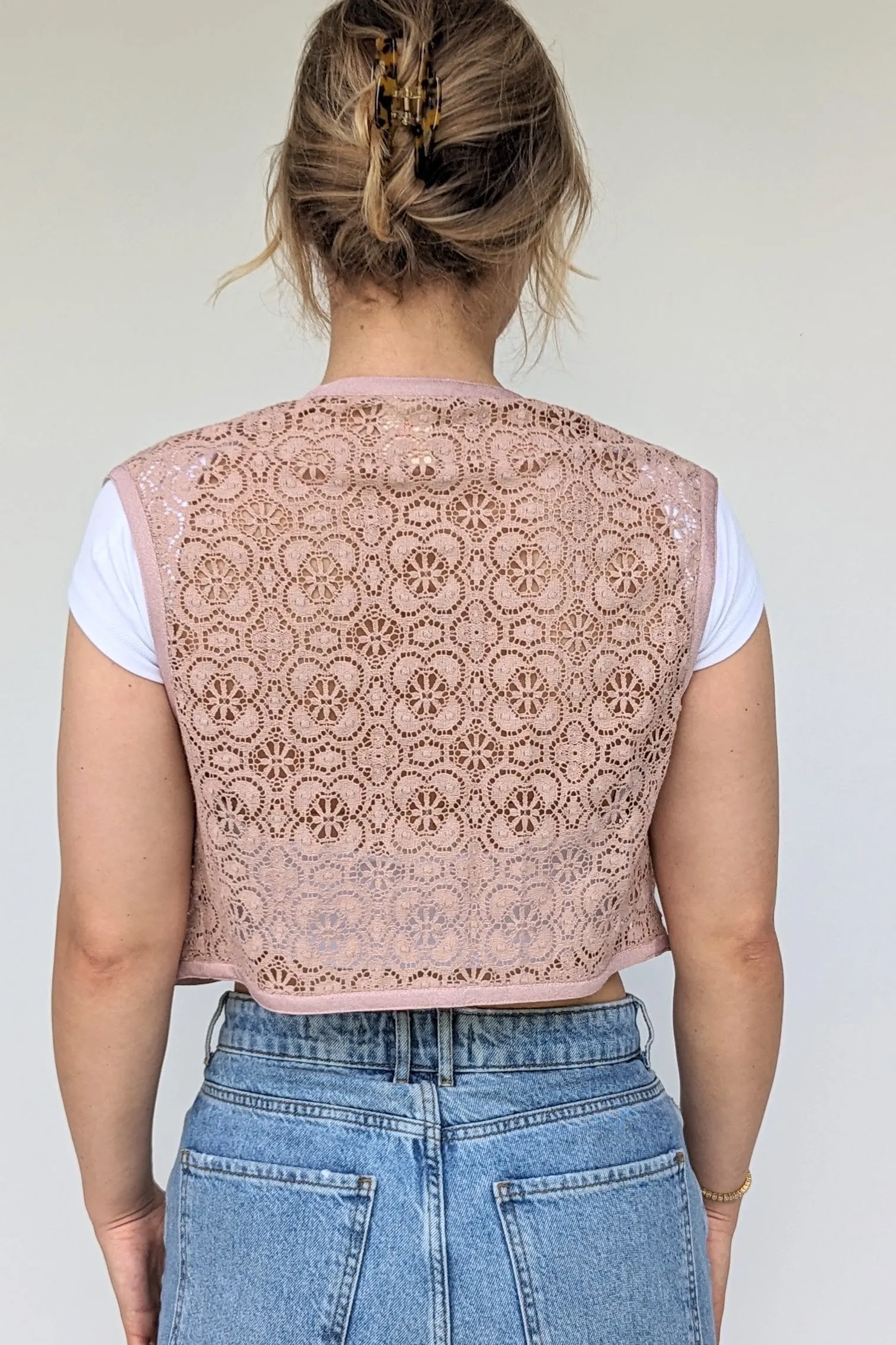 Vintage Dusky Pink Cropped Boho Lace Waistcoat