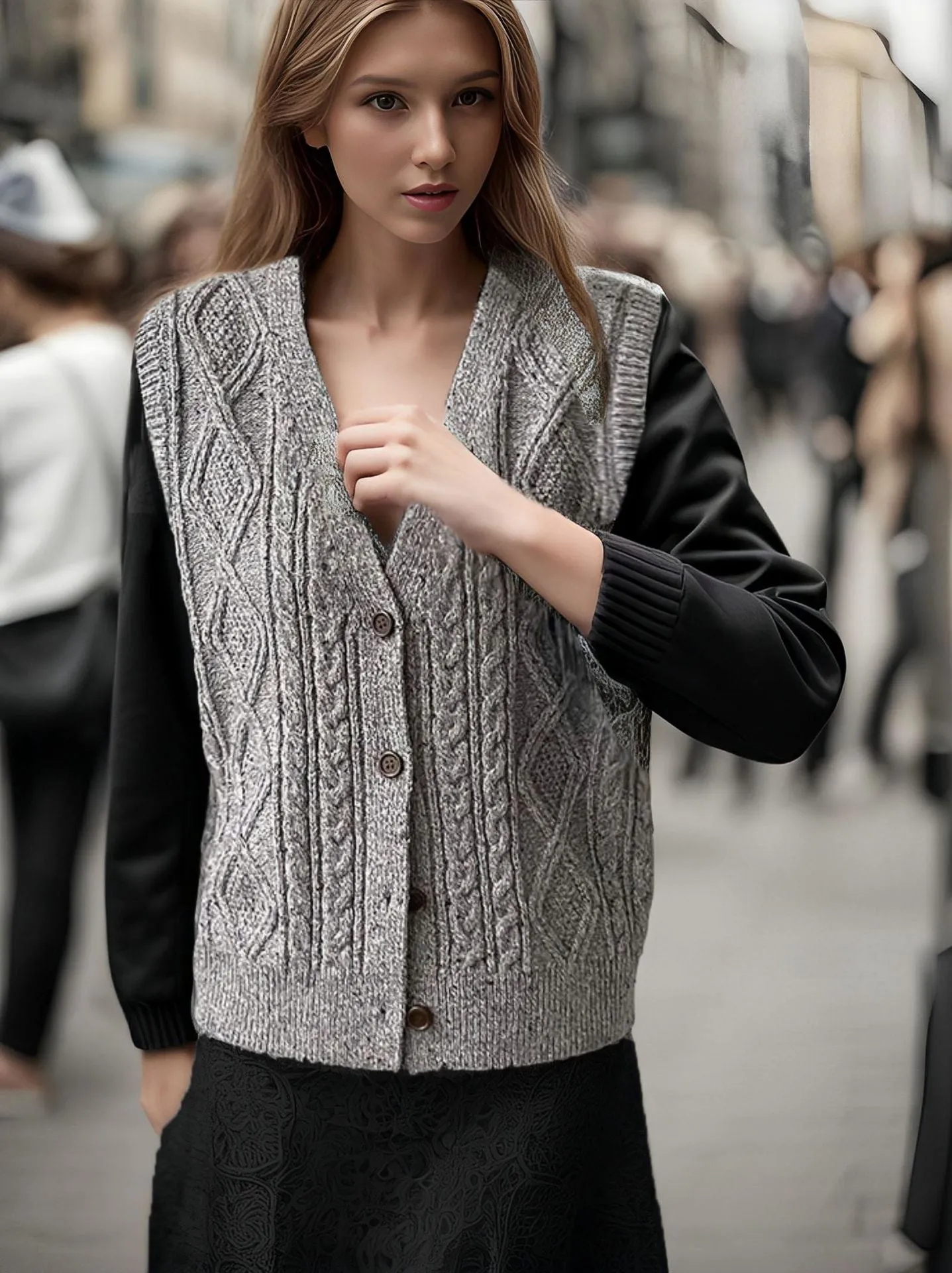 Vintage V-neck Rhombic Knitted Cardigan
