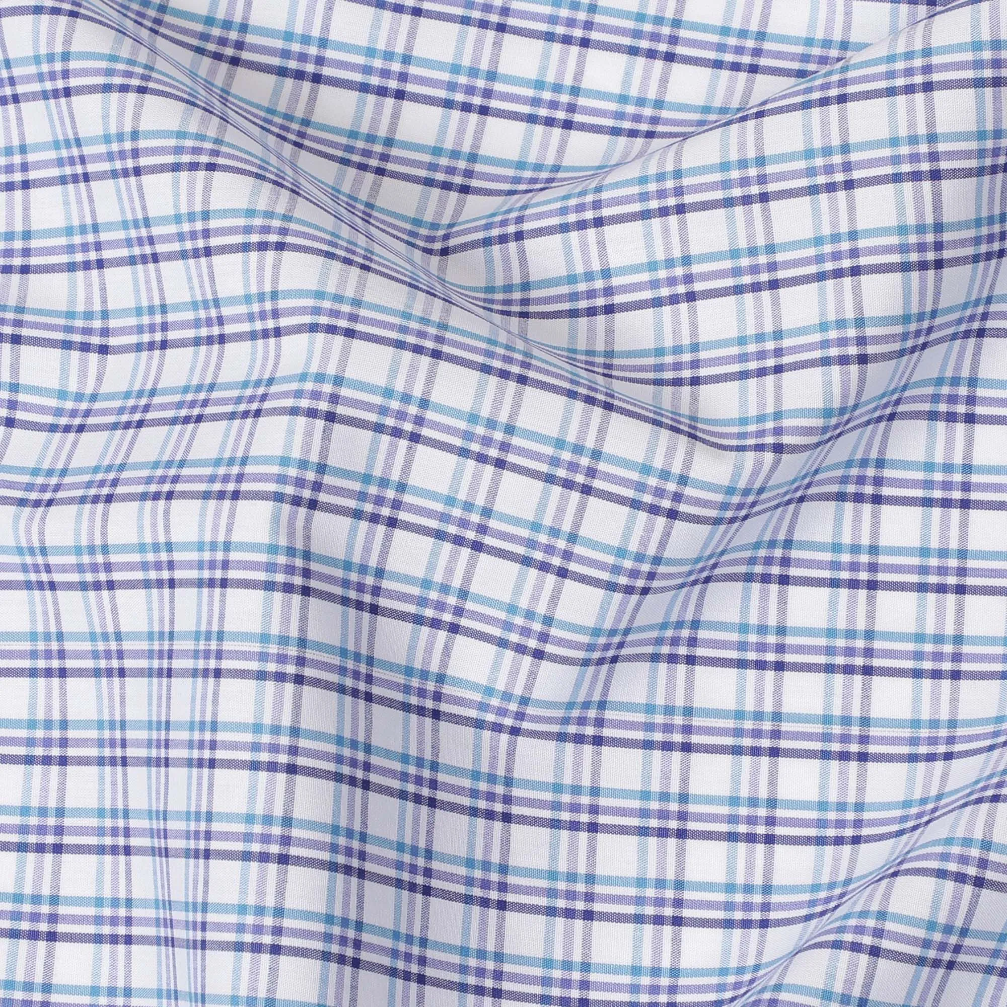 White blended cotton shirting fabric with blue print in checks design-D16629