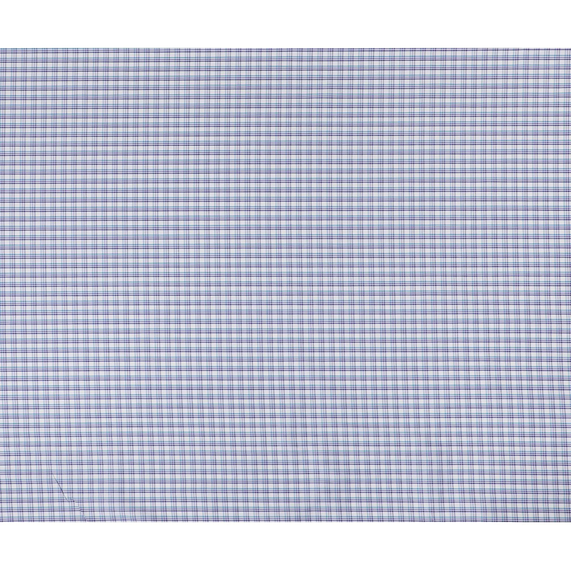 White blended cotton shirting fabric with blue print in checks design-D16629