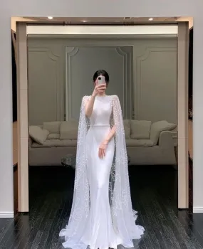 White Cape Elegant Formal Evening A-line Long Prom Dresses       fg4782