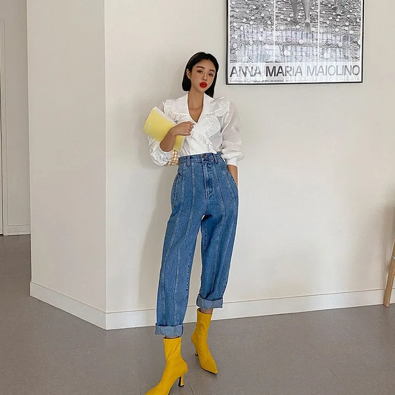 Wjczt High Waist Jeans Women Harem Pants Korean Style Outfits Casual High Street Denim Trousers Pantalon Femme Vintage Jeans