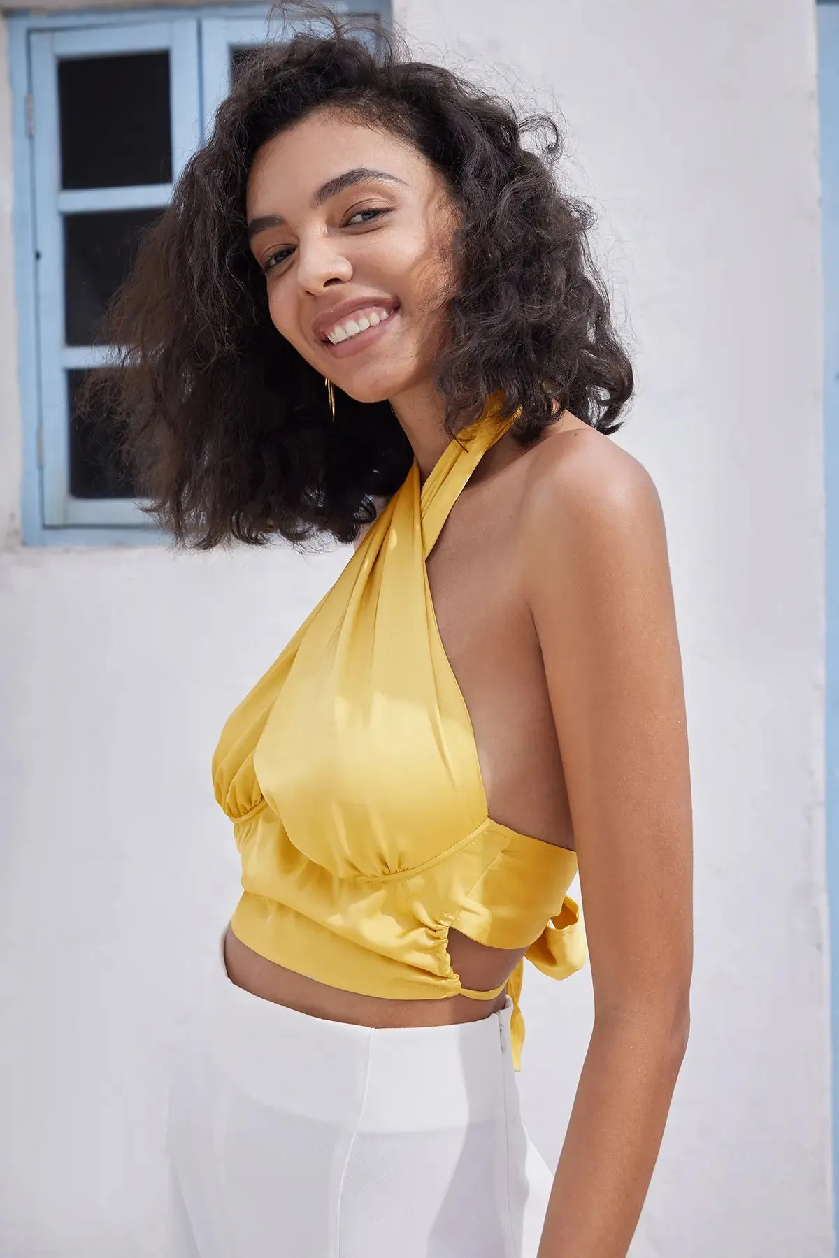 Women's Criss Cross Tie Back Halter Crop Top