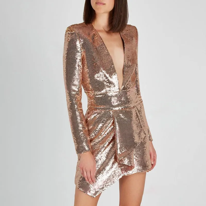 Women's Spring Asymmetrical High-Waist V-Neck Sequined Dress