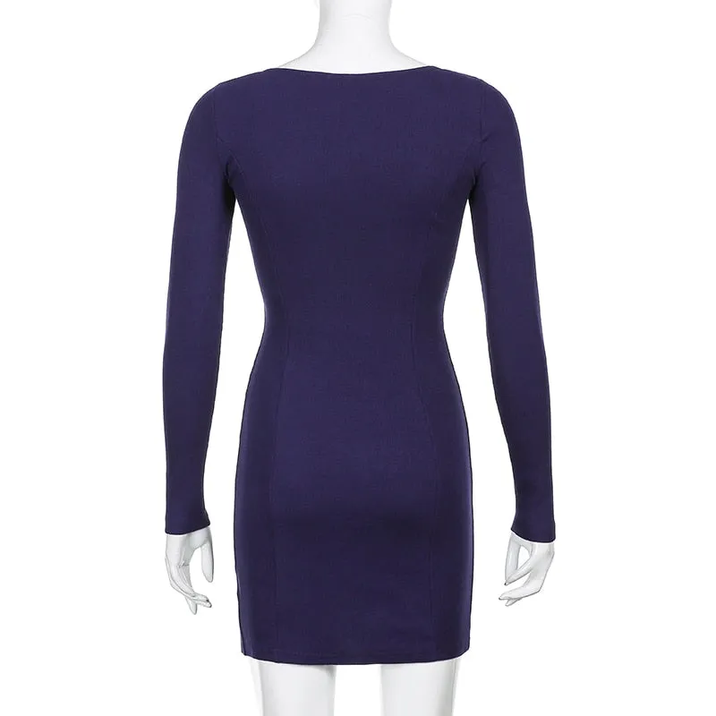 Women's Spring/Autumn Square Neck Ribbed Knitted Side Split Long Sleeve Bodycon Mini Dress