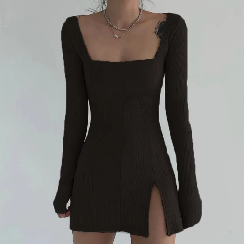 Women's Spring/Autumn Square Neck Ribbed Knitted Side Split Long Sleeve Bodycon Mini Dress