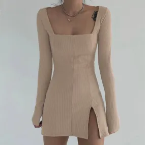 Women's Spring/Autumn Square Neck Ribbed Knitted Side Split Long Sleeve Bodycon Mini Dress