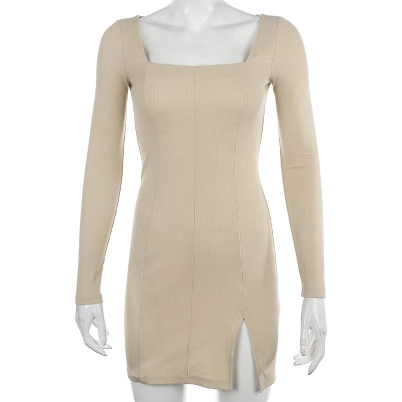 Women's Spring/Autumn Square Neck Ribbed Knitted Side Split Long Sleeve Bodycon Mini Dress