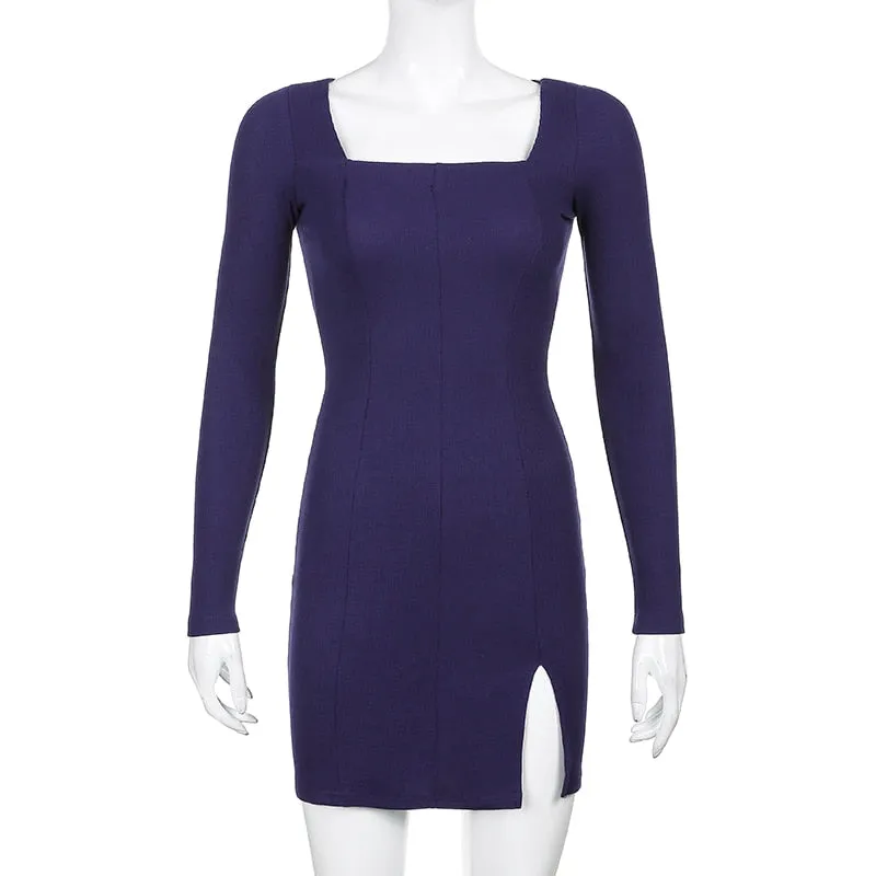 Women's Spring/Autumn Square Neck Ribbed Knitted Side Split Long Sleeve Bodycon Mini Dress