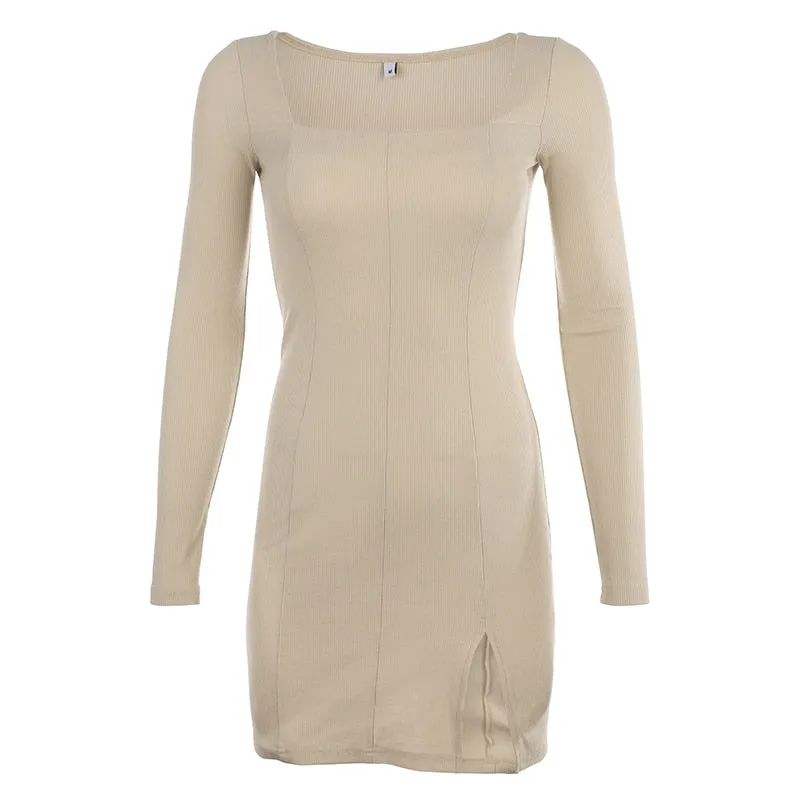 Women's Spring/Autumn Square Neck Ribbed Knitted Side Split Long Sleeve Bodycon Mini Dress