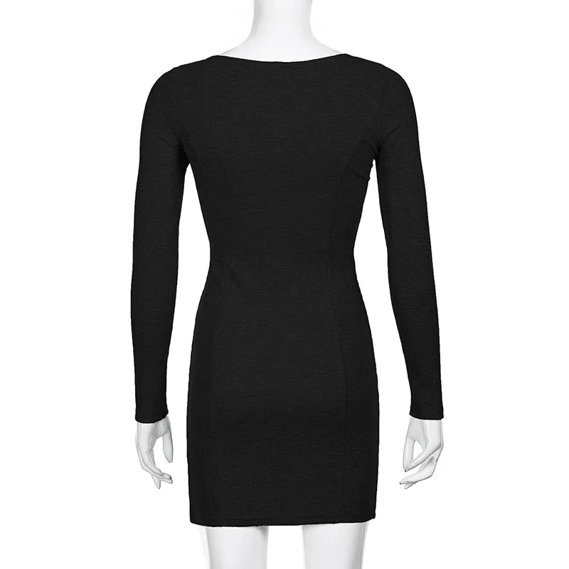 Women's Spring/Autumn Square Neck Ribbed Knitted Side Split Long Sleeve Bodycon Mini Dress