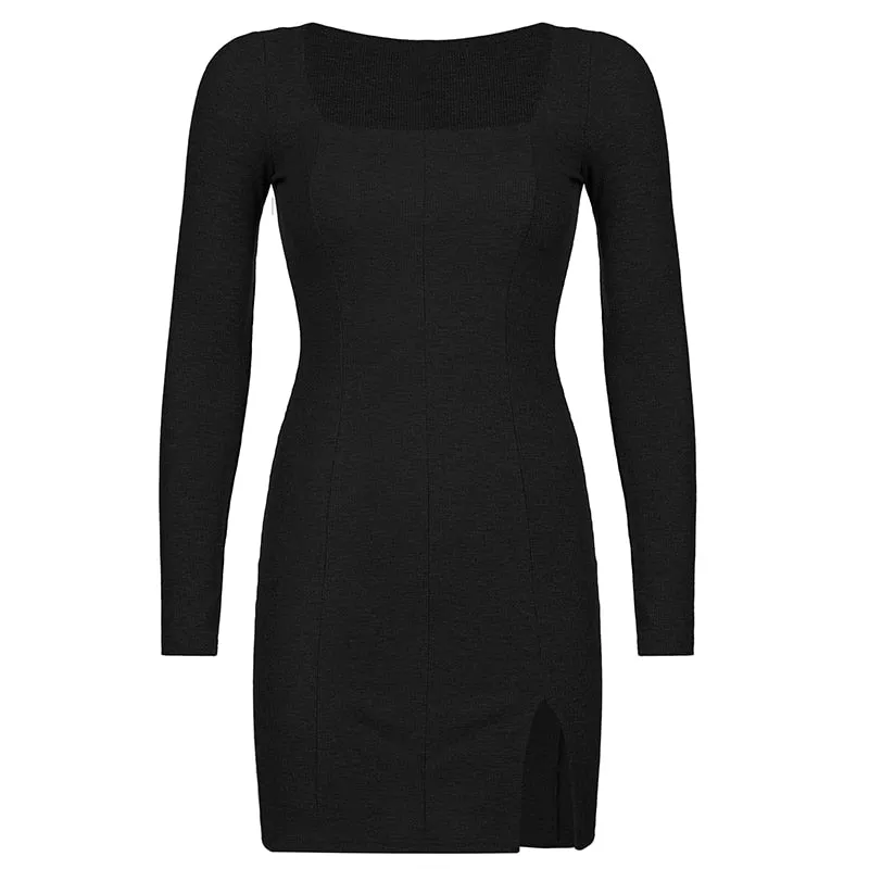 Women's Spring/Autumn Square Neck Ribbed Knitted Side Split Long Sleeve Bodycon Mini Dress