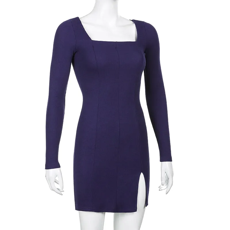 Women's Spring/Autumn Square Neck Ribbed Knitted Side Split Long Sleeve Bodycon Mini Dress