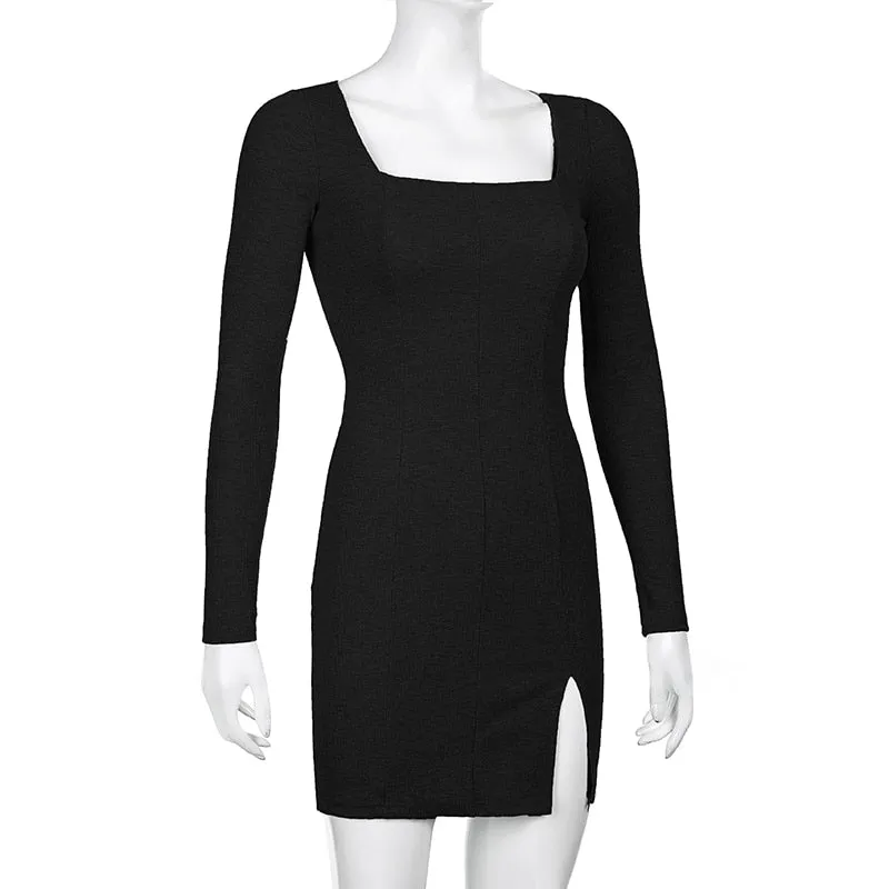 Women's Spring/Autumn Square Neck Ribbed Knitted Side Split Long Sleeve Bodycon Mini Dress