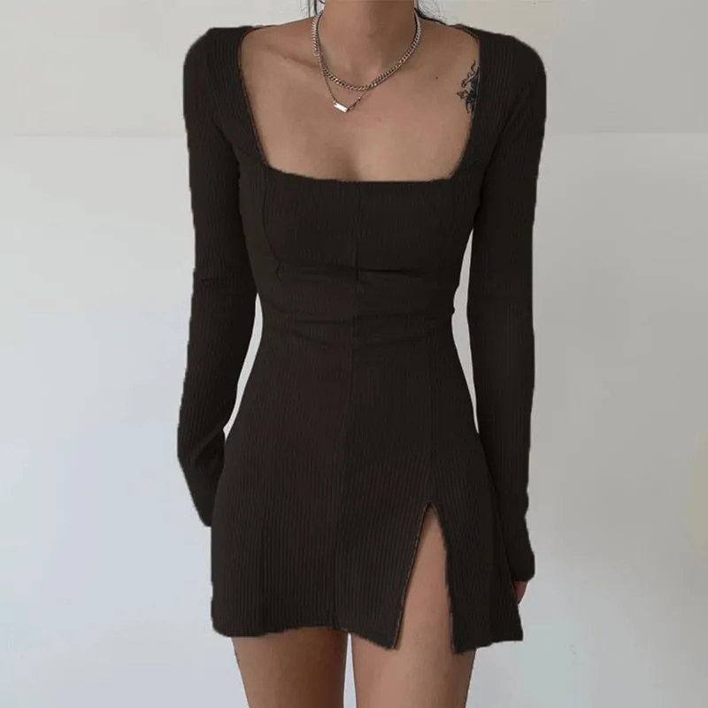 Women's Spring/Autumn Square Neck Ribbed Knitted Side Split Long Sleeve Bodycon Mini Dress