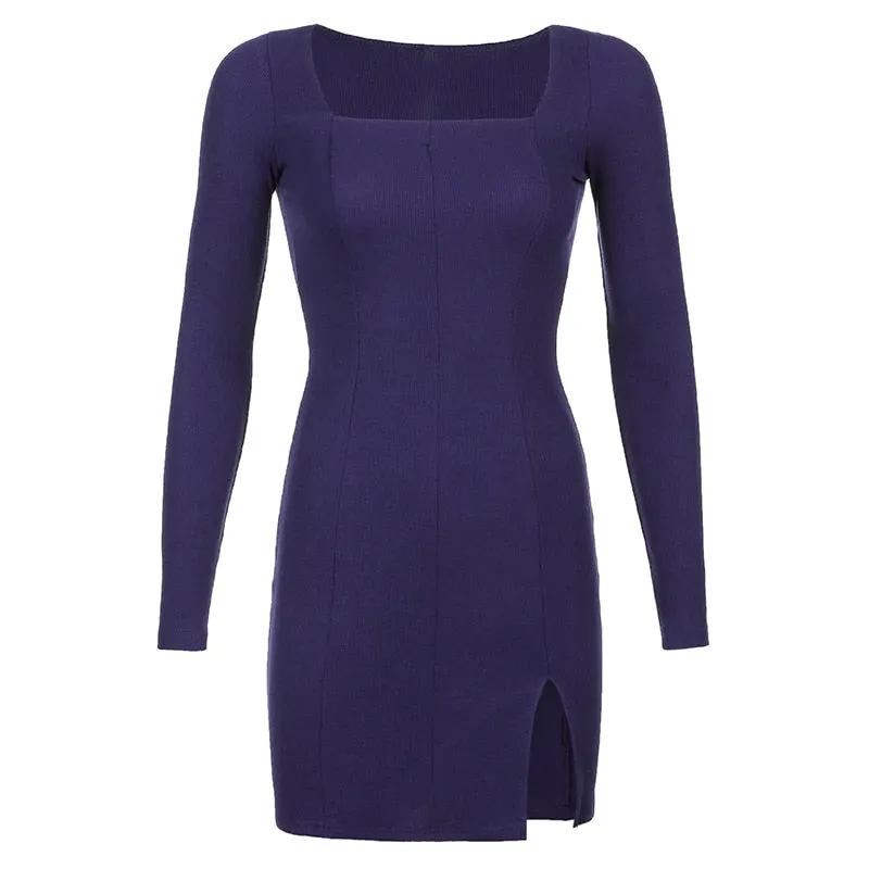 Women's Spring/Autumn Square Neck Ribbed Knitted Side Split Long Sleeve Bodycon Mini Dress