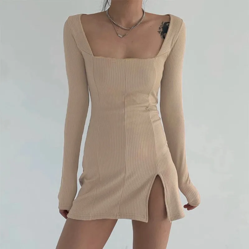 Women's Spring/Autumn Square Neck Ribbed Knitted Side Split Long Sleeve Bodycon Mini Dress