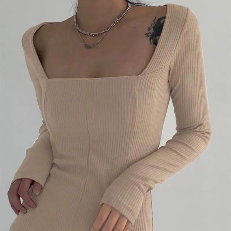 Women's Spring/Autumn Square Neck Ribbed Knitted Side Split Long Sleeve Bodycon Mini Dress