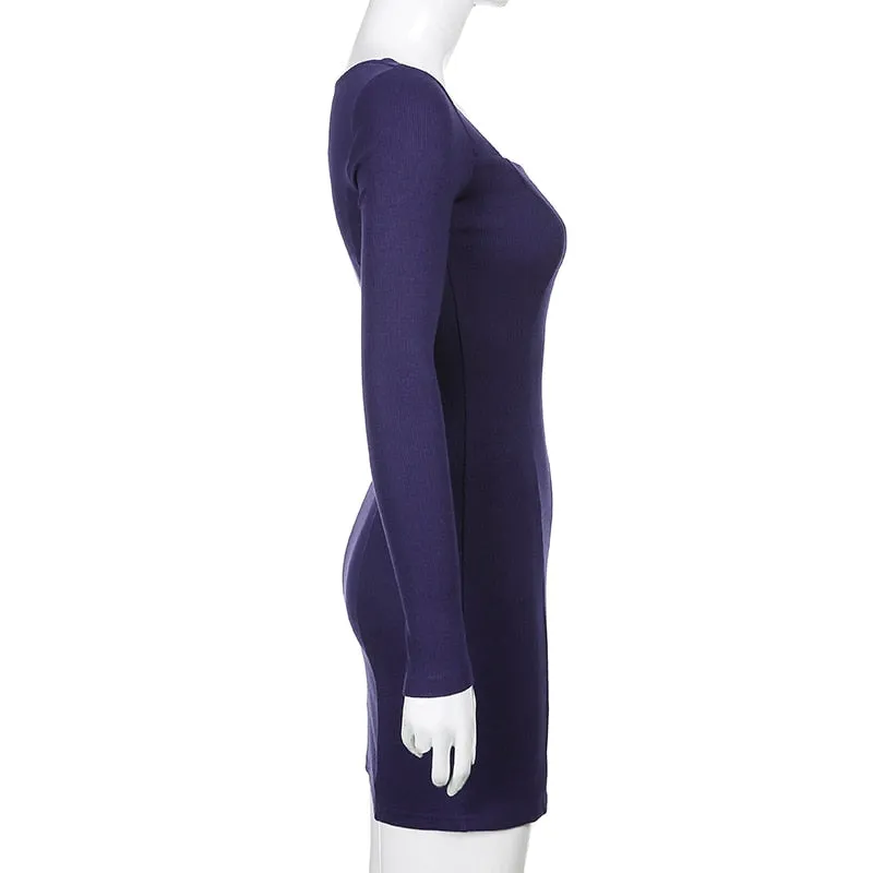 Women's Spring/Autumn Square Neck Ribbed Knitted Side Split Long Sleeve Bodycon Mini Dress