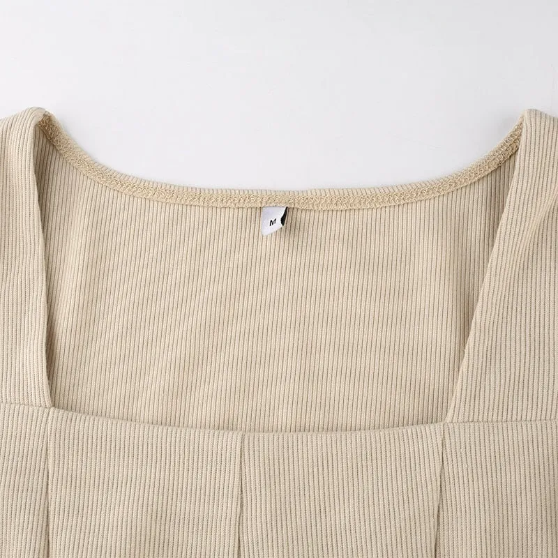 Women's Spring/Autumn Square Neck Ribbed Knitted Side Split Long Sleeve Bodycon Mini Dress