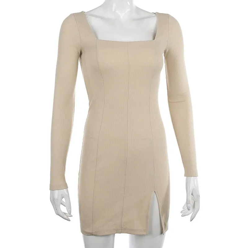 Women's Spring/Autumn Square Neck Ribbed Knitted Side Split Long Sleeve Bodycon Mini Dress