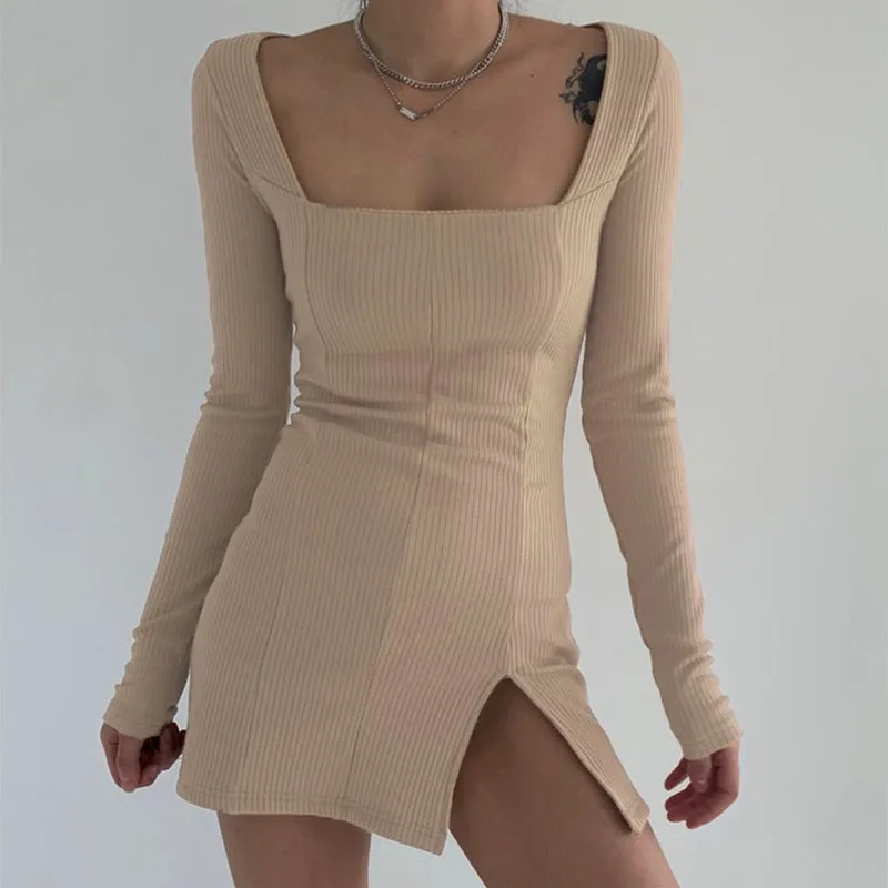 Women's Spring/Autumn Square Neck Ribbed Knitted Side Split Long Sleeve Bodycon Mini Dress