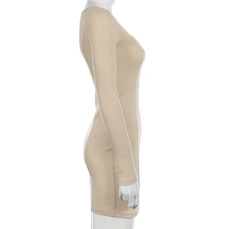 Women's Spring/Autumn Square Neck Ribbed Knitted Side Split Long Sleeve Bodycon Mini Dress