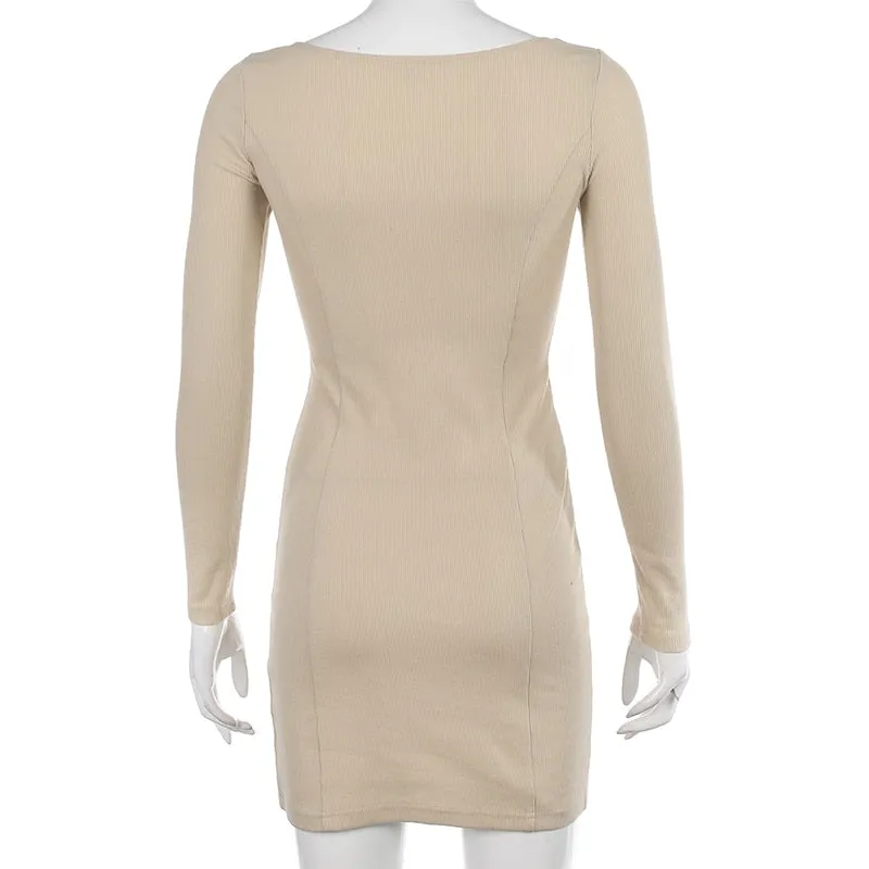 Women's Spring/Autumn Square Neck Ribbed Knitted Side Split Long Sleeve Bodycon Mini Dress
