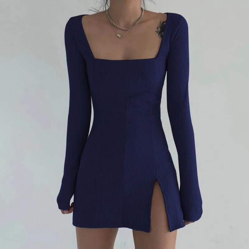 Women's Spring/Autumn Square Neck Ribbed Knitted Side Split Long Sleeve Bodycon Mini Dress