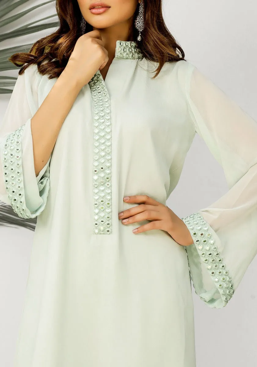 Yasmin-Peppermint Green mirror worked neckline and sleeves (two piece set)